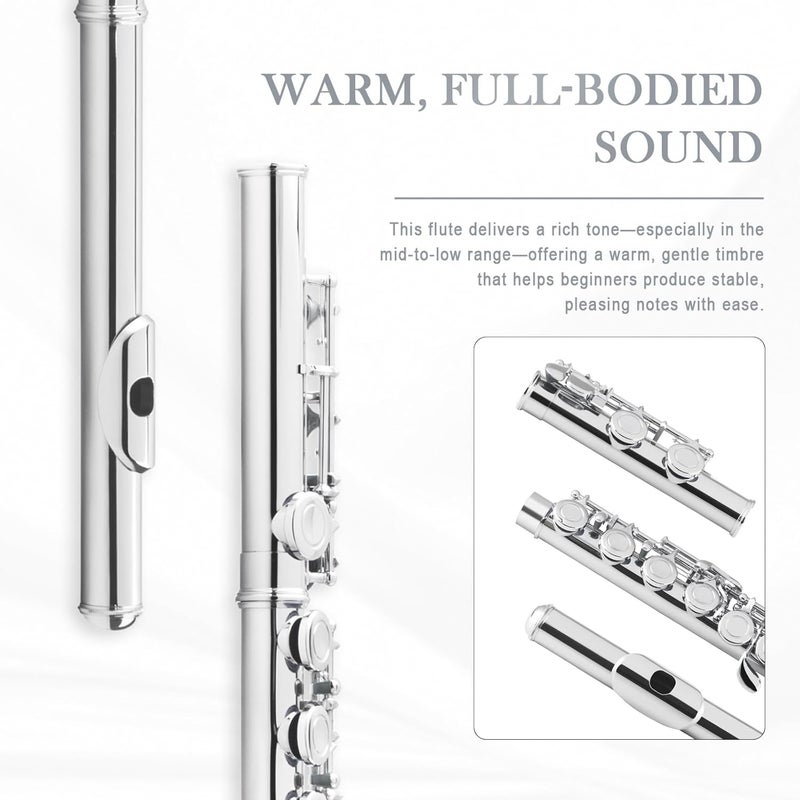 SONICAKE Nickel-plated C Flutes, Closed Hole 16Keys Flute for Beginner Student, Flute Instrument with Cleaning Kit, Carrying Case, Gloves, Tuning Rod, QFL-01 - Image 5